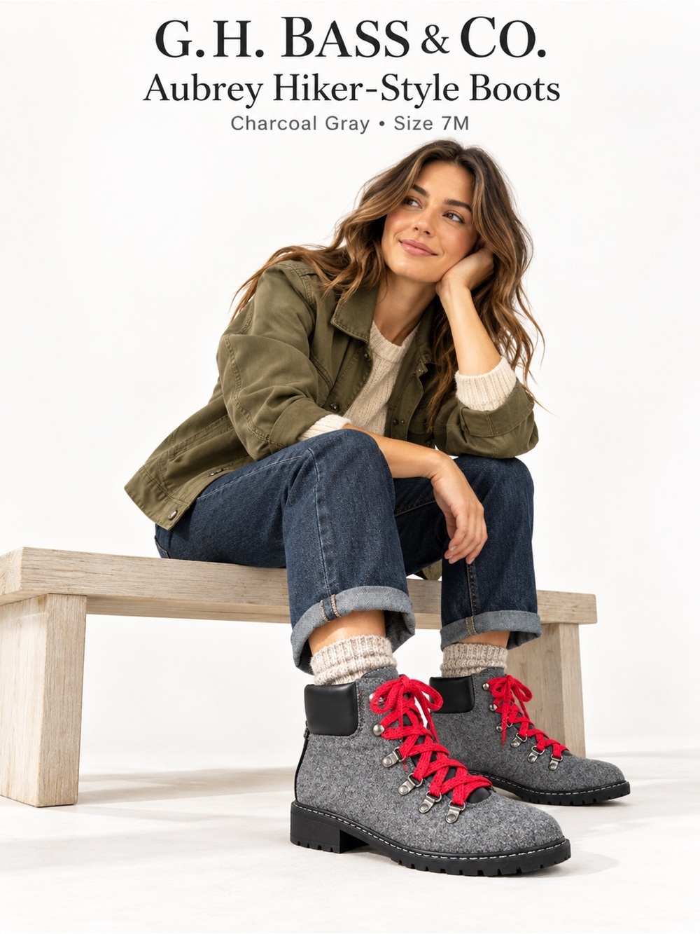 G.H. Bass Aubrey Charcoal Gray Hiker-Style Ankle Boots Red Laces Size 7M